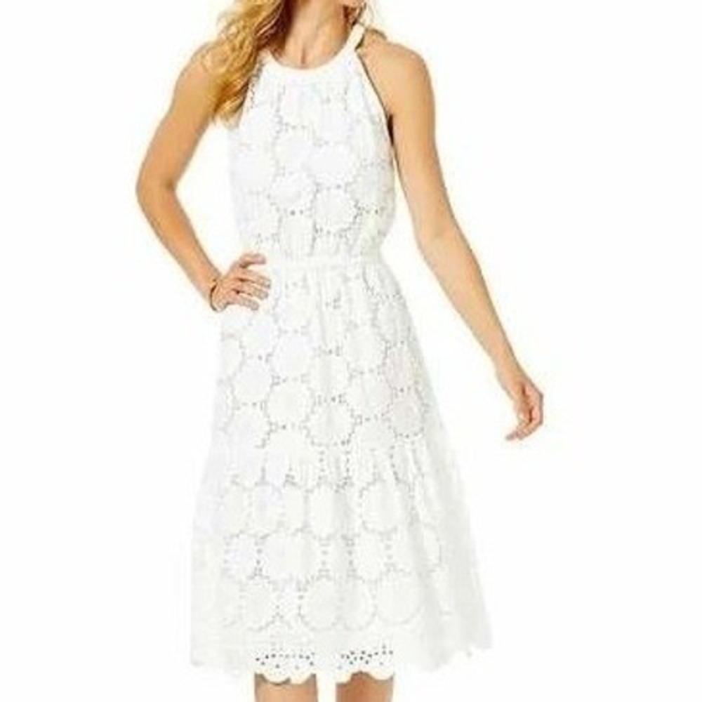 Lilly‎ Pulitzer Alda Dress White Eyelet Lace Halter Midi Tiered Large EUC